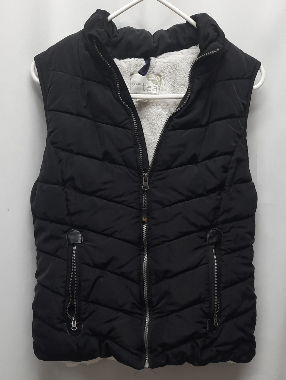 Womens Medium Green Tea Black Quilted Puffer Vest Faux Fur Lined Full Zip